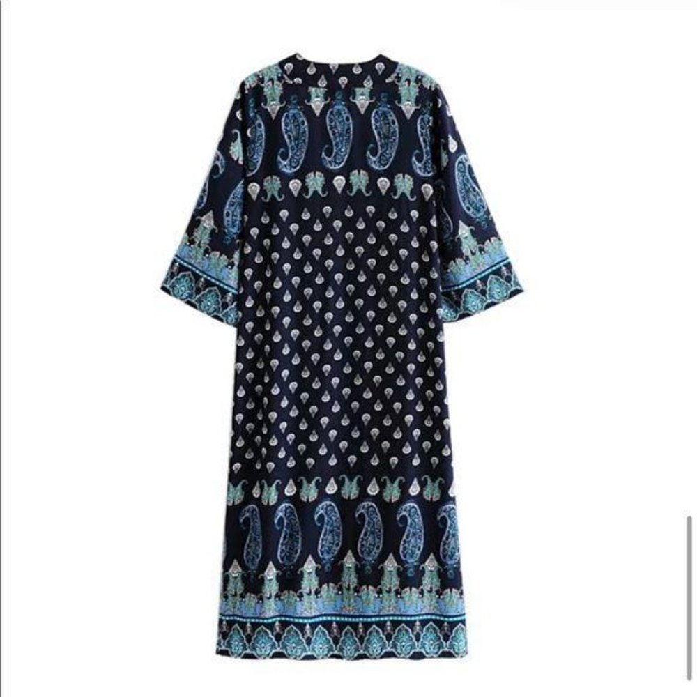 Luxe Boho Printed Gypsy Kimono Navy Blue Cardigan - Picture 4 of 10